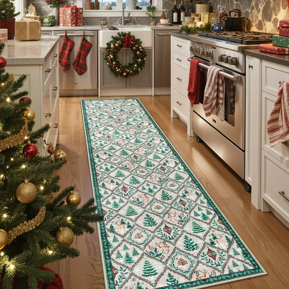 Moynesa Christmas Runner Rugs 2'x8' Cream Hallway Rug Xmas Tree Runner Kitchen Rug Washable Rug Non Slip Moroccan Carpet Holiday Decor Geometric Soft Rug for Bedroom Bathroom Laundry Living Room