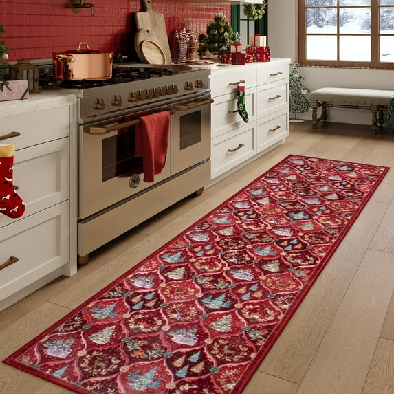 Moynesa Christmas Runner Rugs 2'x8' Hallway Rug Xmas Tree Runner Kitchen Rug Washable Rug Non Slip Moroccan Carpet Holiday Decor Geometric Soft Rug for Bedroom Bathroom Laundry Living Room, Red