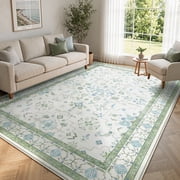 Moynesa 8'x10' Washable Area Rugs for Living Room, Vintage Distressed Floral Large Carpet Soft Low Pile Cottage Accent Rug for Bedroom Dining Room Office Coastal Indoor Home Decor, Sage Blue