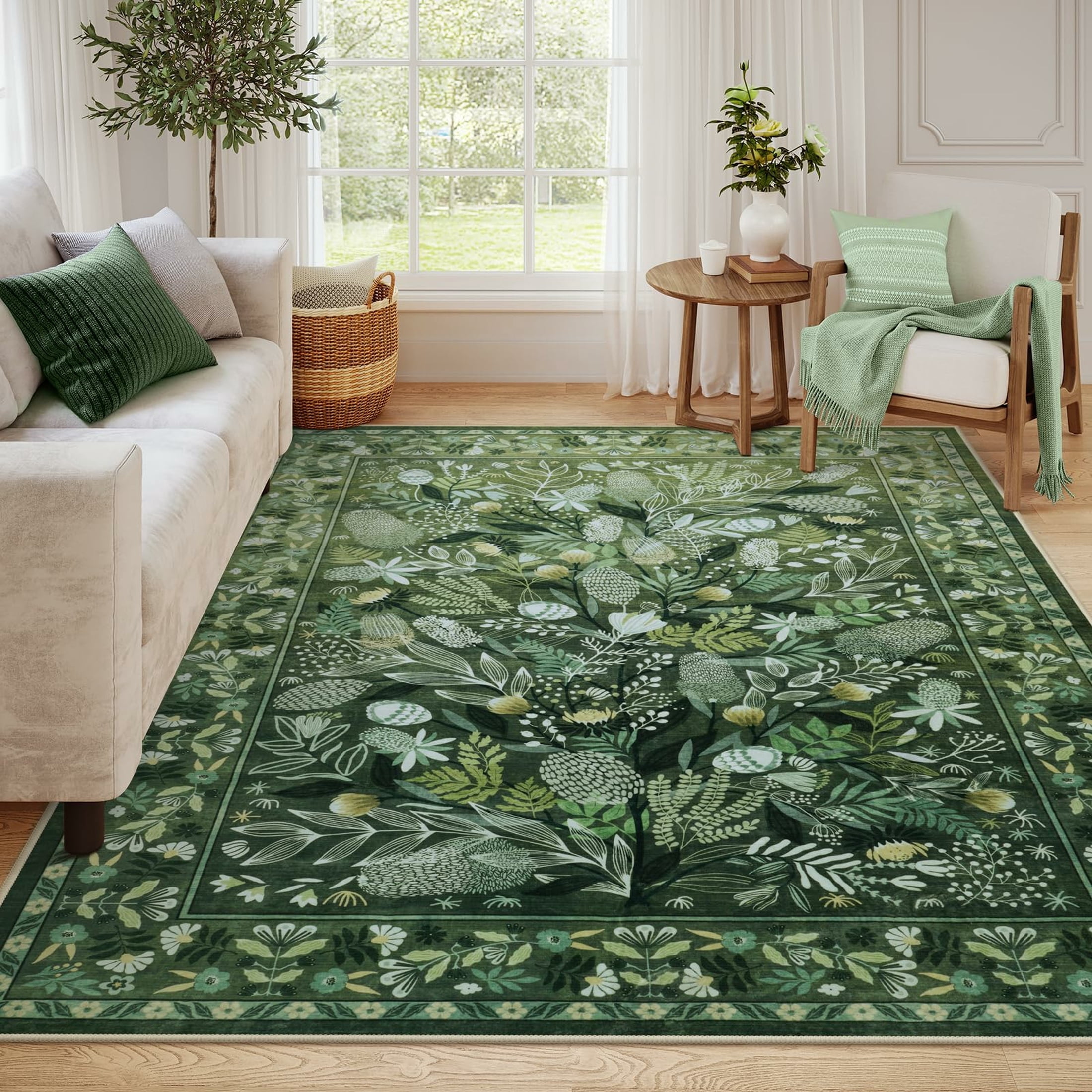 Moynesa Green Large Area Rugs 8'x10', Botanical Floral Washable Rug for Living Room, Soft Rugs for Bedroom Non-Slip Ultra-Thin Modern Rug Dining Room Accent Carpet for Dorm Apartment
