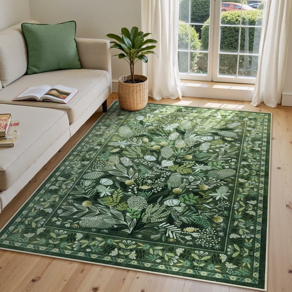 Moynesa Green Washable 5'x7' Area Rugs, Botanical Floral Large Rugs for Living Room Non-Slip Soft Modern Natural Rugs for Bedroom, Stain Resistant Accent Carpet for Dining Room Dorm Apartment