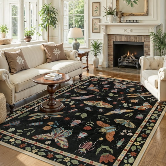Moynesa Insect 5'x7' Area Rugs Washable Rug for Living Room Soft Natural Bedroom Rug Vintage Cottage Accent Carpet for Dining Room Playroom Office Stain Resistant Non Slip, Black