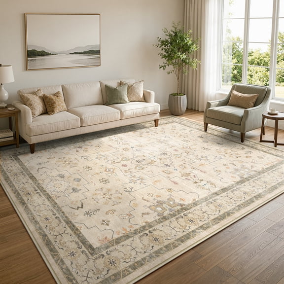 Moynesa 8'x10' Washable Area Rugs for Living Room, Vintage Distressed Medallion Large Carpet, Soft Low Pile Traditional Accent Rug for Bedroom Dining Room Office Farmhouse Indoor Home Decor, Beige