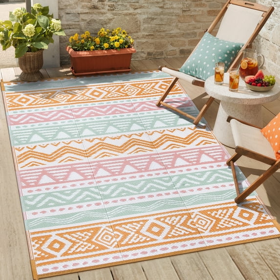 Moynesa Outdoor Rug Waterproof, 4'x6' Lightweight Plastic Straw Rug for Camping RV, Reversible Outside Carpet for Patio Deck Porch Balcony Picnic Tent, Pink/Orange
