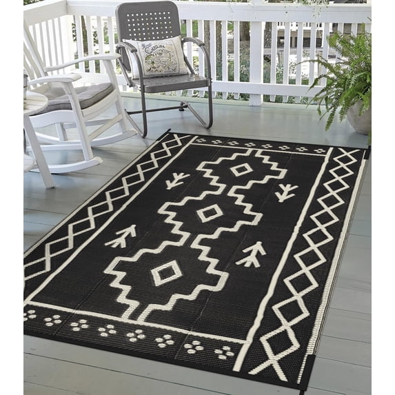 Moynesa Outdoor Rug Waterproof, 5'x8' Lightweight Plastic Straw Rug for Camping RV, Reversible Boho Carpet Outside Rug for Patio Picnic Deck Porch Balcony Tent, Black