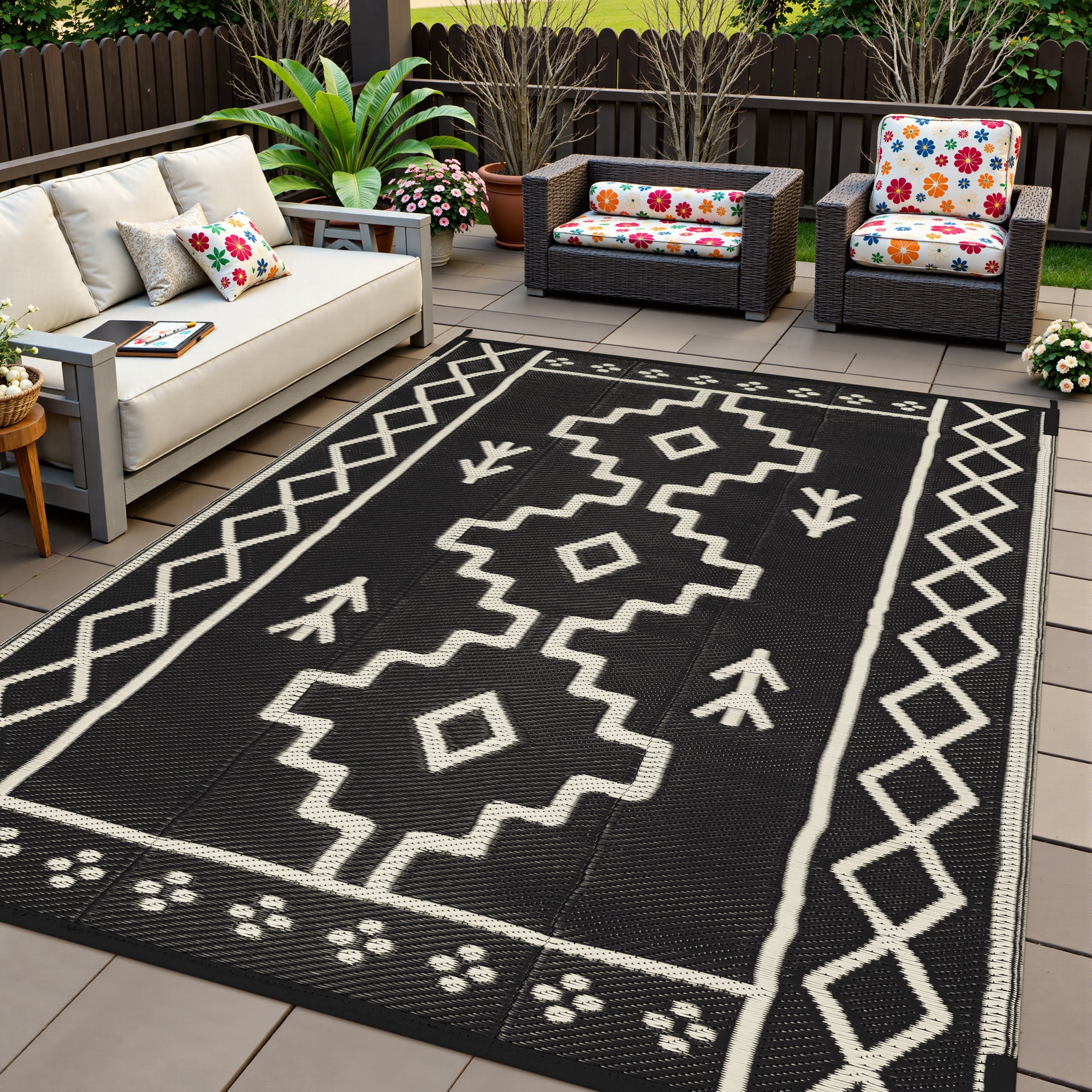 Moynesa Outdoor Rug Waterproof, 6'x9' Lightweight Plastic Straw Rug for Camping RV, Reversible Boho Carpet Outside Rug for Patio Picnic Deck Porch Balcony Tent, Black