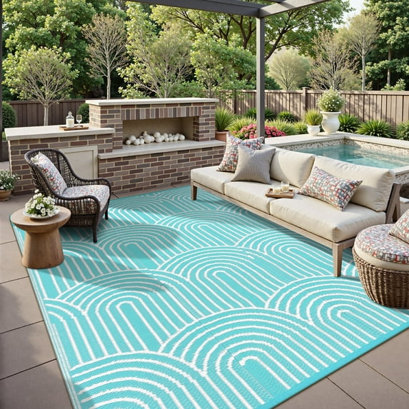 Moynesa Outdoor Rugs 8x10 Waterproof Plastic Straw Rug, Large Outdoor Camping Rug for RV, Reversible Portable Outside Lightweight Area Rug for Backyard Balcony Beach Picnic, Blue