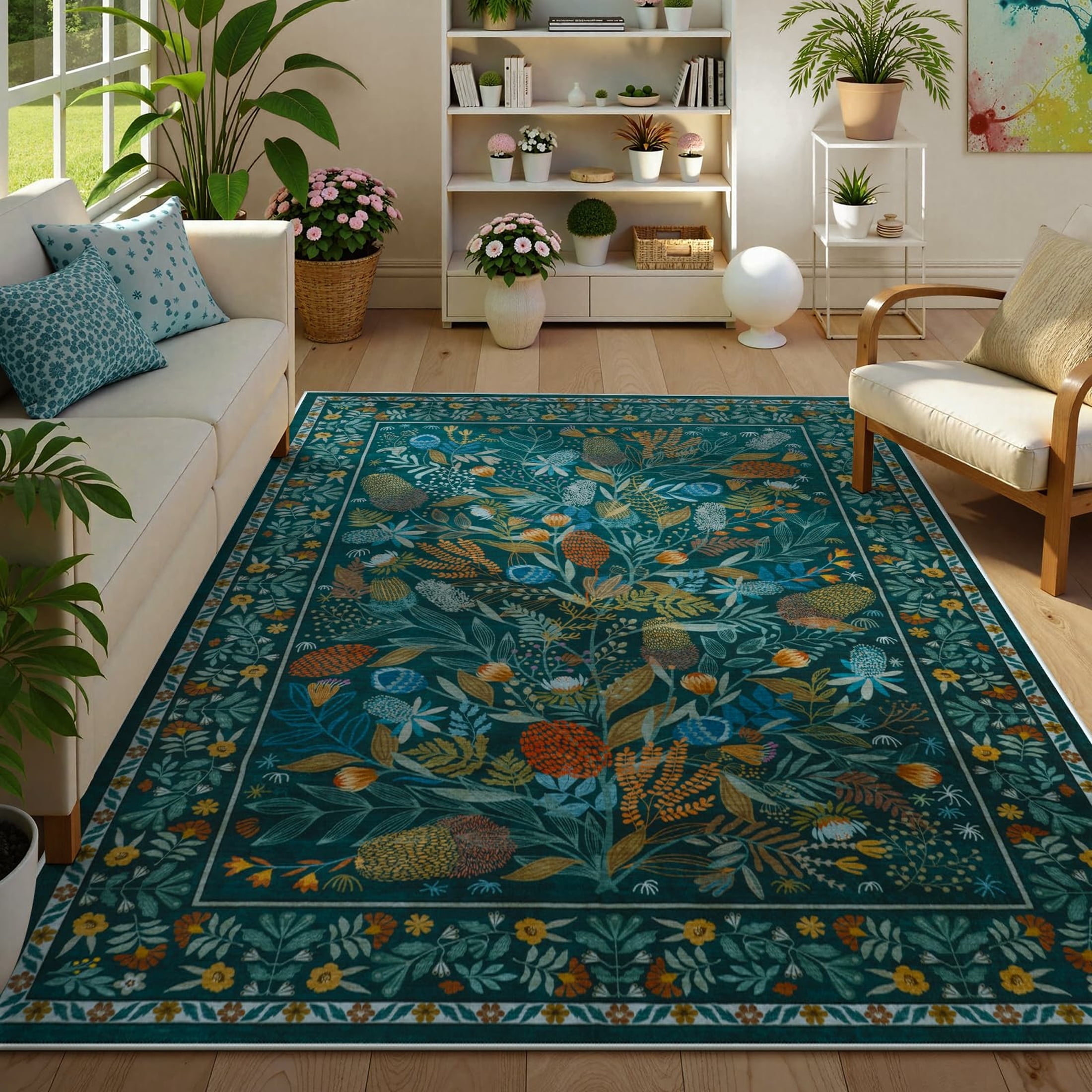 Moynesa Teal Large Area Rugs 8'x10', Botanical Floral Washable Rug for Living Room, Soft Rugs for Bedroom Non-Slip Ultra-Thin Modern Rug Dining Room Accent Carpet for Dorm Apartment