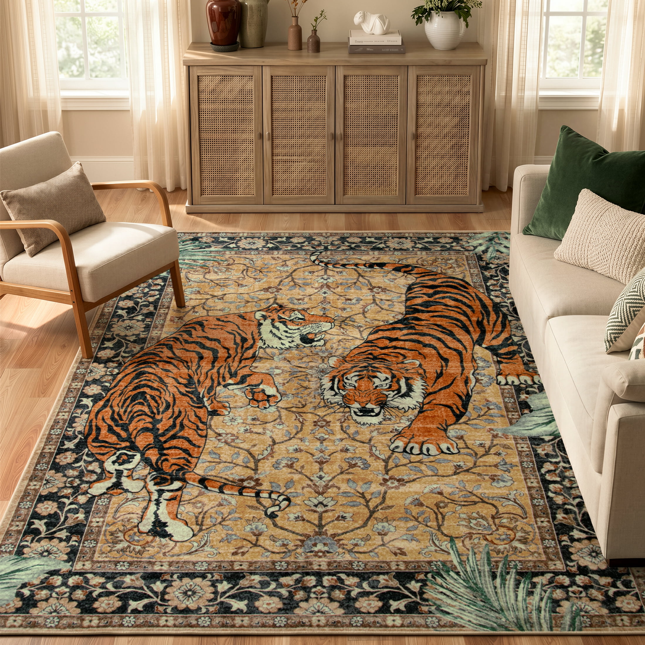 Moynesa 5'x7' Vintage Tiger Area Rug, Boho Traditional Washable Rug for Living Room Bedroom Dining Sunroom, Distressed Botanical Floral Accent Carpet, Soft Low Pile Non Slip Stain Resistant, Camel