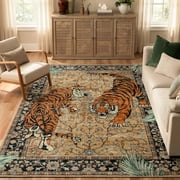 Moynesa 5'x7' Vintage Tiger Area Rug, Boho Traditional Washable Rug for Living Room Bedroom Dining Sunroom, Distressed Botanical Floral Accent Carpet, Soft Low 