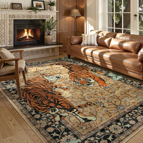 Moynesa Tiger 5x7 Area Rugs, Boho Washable Rugs for Living Room, Vintage Soft Dining Room Rug, Non Slip Ultra Thin Stain Resistant Large Floor Carpet for Office Bedroom, Camel