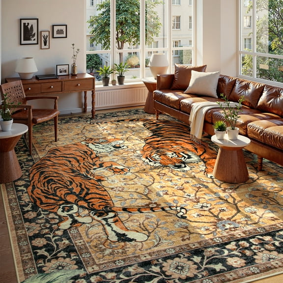 Moynesa Tiger 8x10 Area Rug, Washable Boho Rugs for Living Room, Vintage Large Soft Dining Room Rug, Non Slip Ultra Thin Stain Resistant Floor Carpet for Home Office Bedroom, Camel