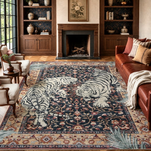Moynesa Vintage Tiger 8'x10' Large Area Rug for Living Room, Washable Traditional Oriental Rug Distressed Floral Accent Carpet for Bedroom Dining Room Low Pile Non Slip Stain Resistant, Burgundy