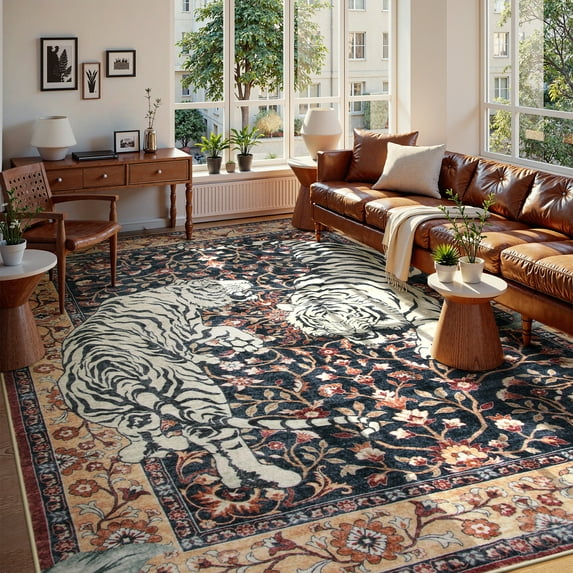 Moynesa Tiger Washable Area Rugs 8x10, Large Boho Rugs for Living Room, Vintage Non Slip Dining Room Rugs for Under Table, Ultra Thin Soft Floor Carpet for Office Bedroom, Burgundy