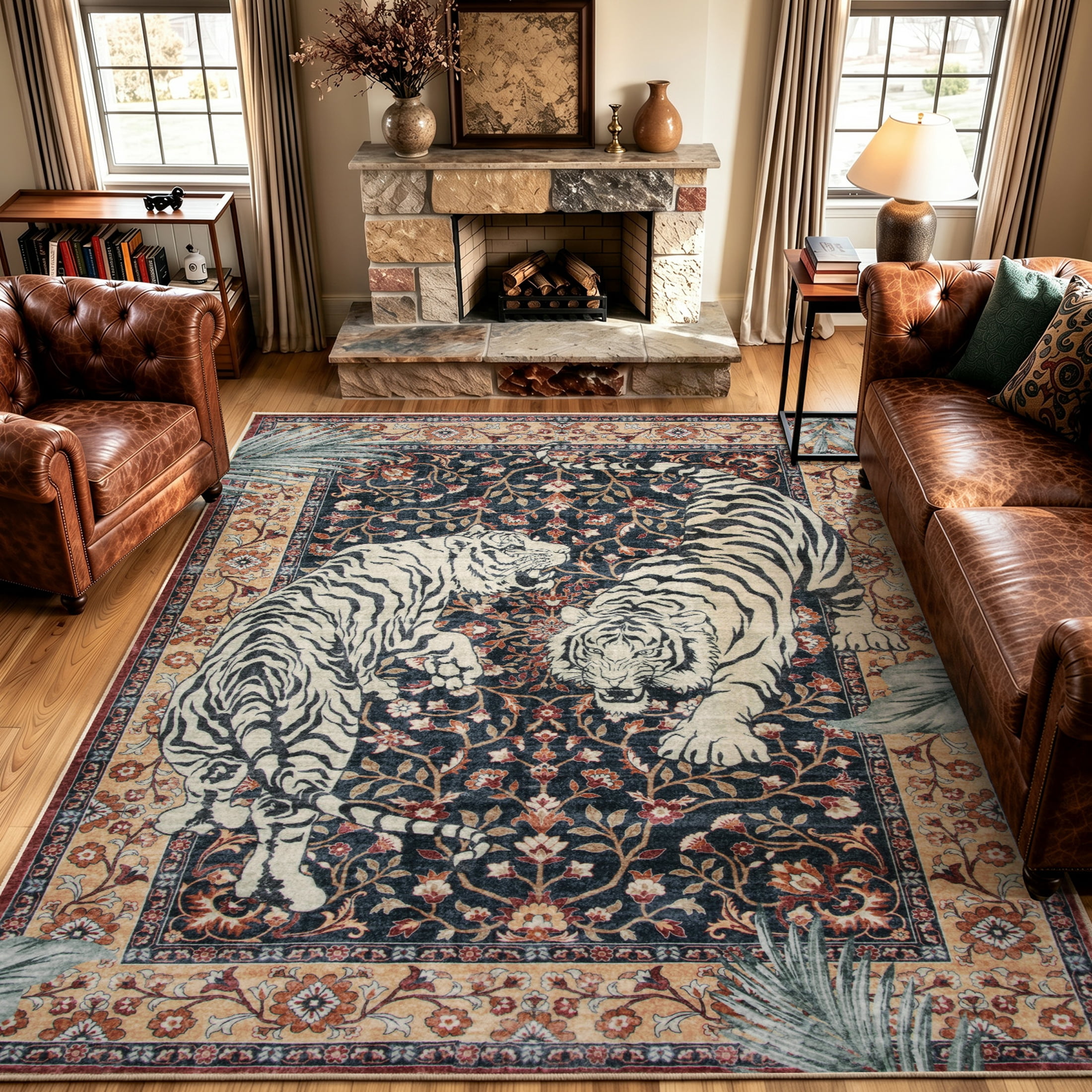 Moynesa 5'x7' Vintage Tiger Area Rug, Washable Traditional Oriental Rug for Living Room Bedroom Dining Room, Distressed Botanical Floral Accent Carpet, Low Pile Non Slip Stain Resistant, Burgundy