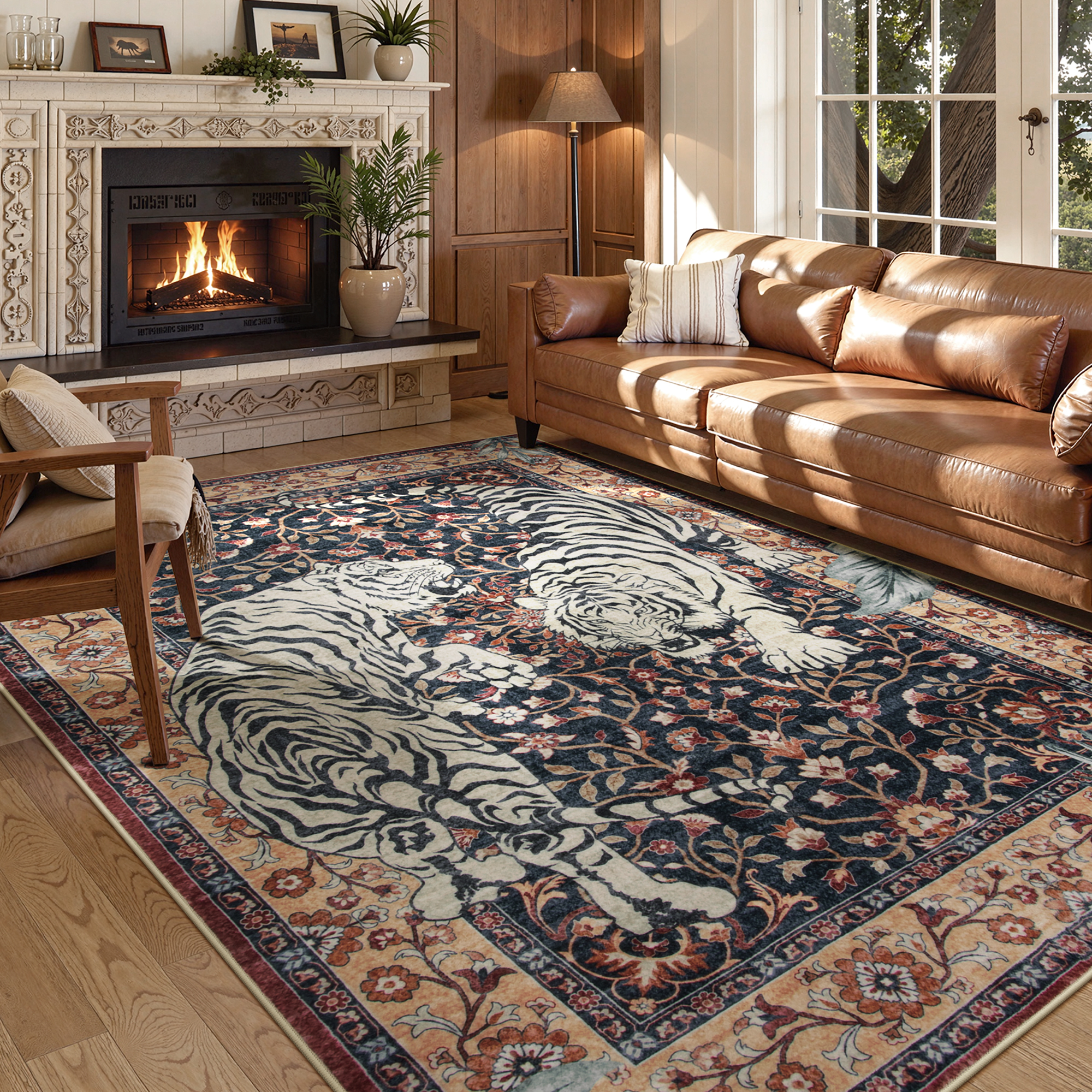 Moynesa Tapis Bohème Lavable Antidérapant Ultra Fin Tiger Camel - Salon Chambre Bureau