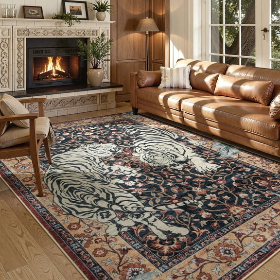 Moynesa Tiger Washable Area Rugs for Living Room, 5x7 Vintage Soft Rug for Bedroom, Non Slip Boho Ultra Thin Large Stain Resistant Throw Rug for Dining Guest Room, Burgundy