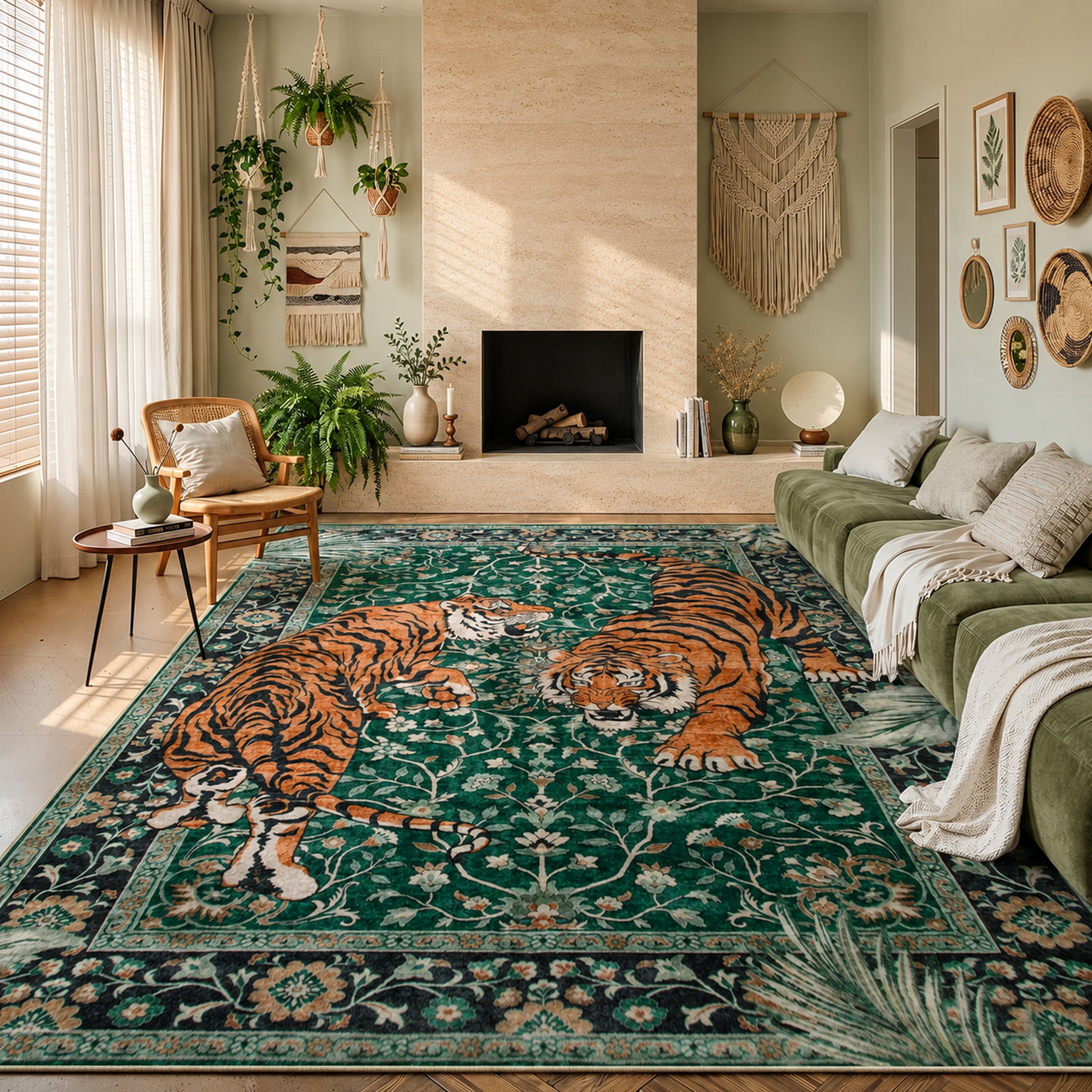 Moynesa Vintage Tiger 8'x10' Large Area Rug for Living Room, Washable Tropical Boho Rug Distressed Botanical Floral Accent Carpet for Bedroom Dining Room Low Pile Non Slip Stain Resistant, Green