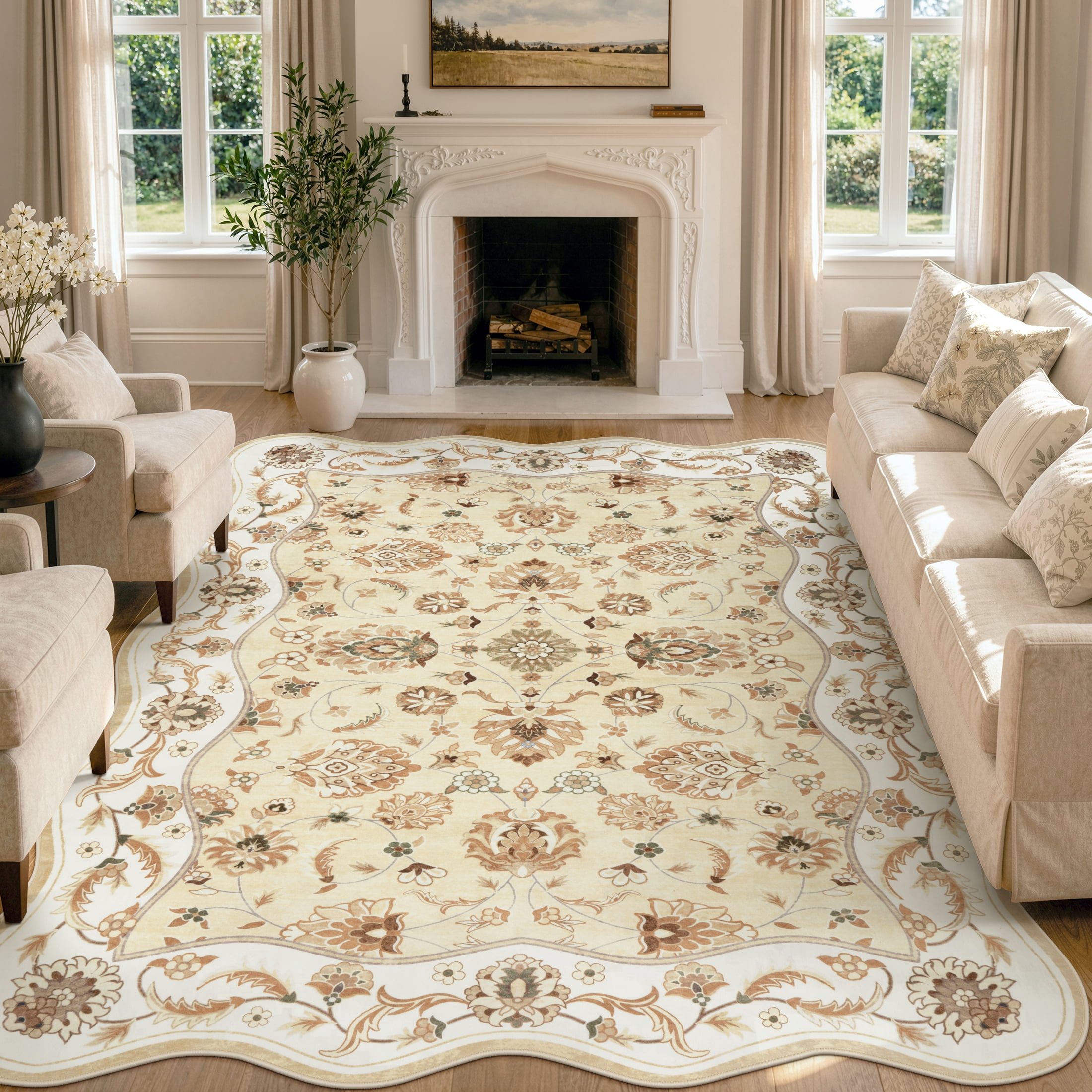 Sunroom Rugs Moynesa Vintage Floral 8'x10' Large Area Rugs Scalloped Washable Rug ...