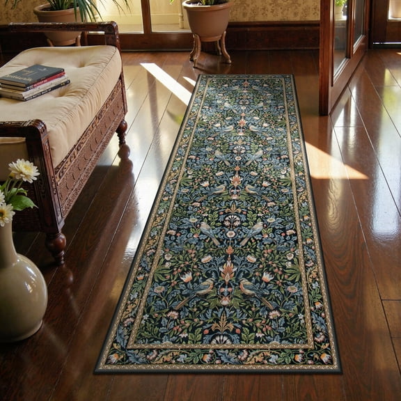 Moynesa Vintage Floral Bird Runner Rugs for Hallway 2'x6', Non Slip Washable Kitchen Runner, Soft Botanical Runner for Entryway Bedroom Bathroom Laundry Room, Green