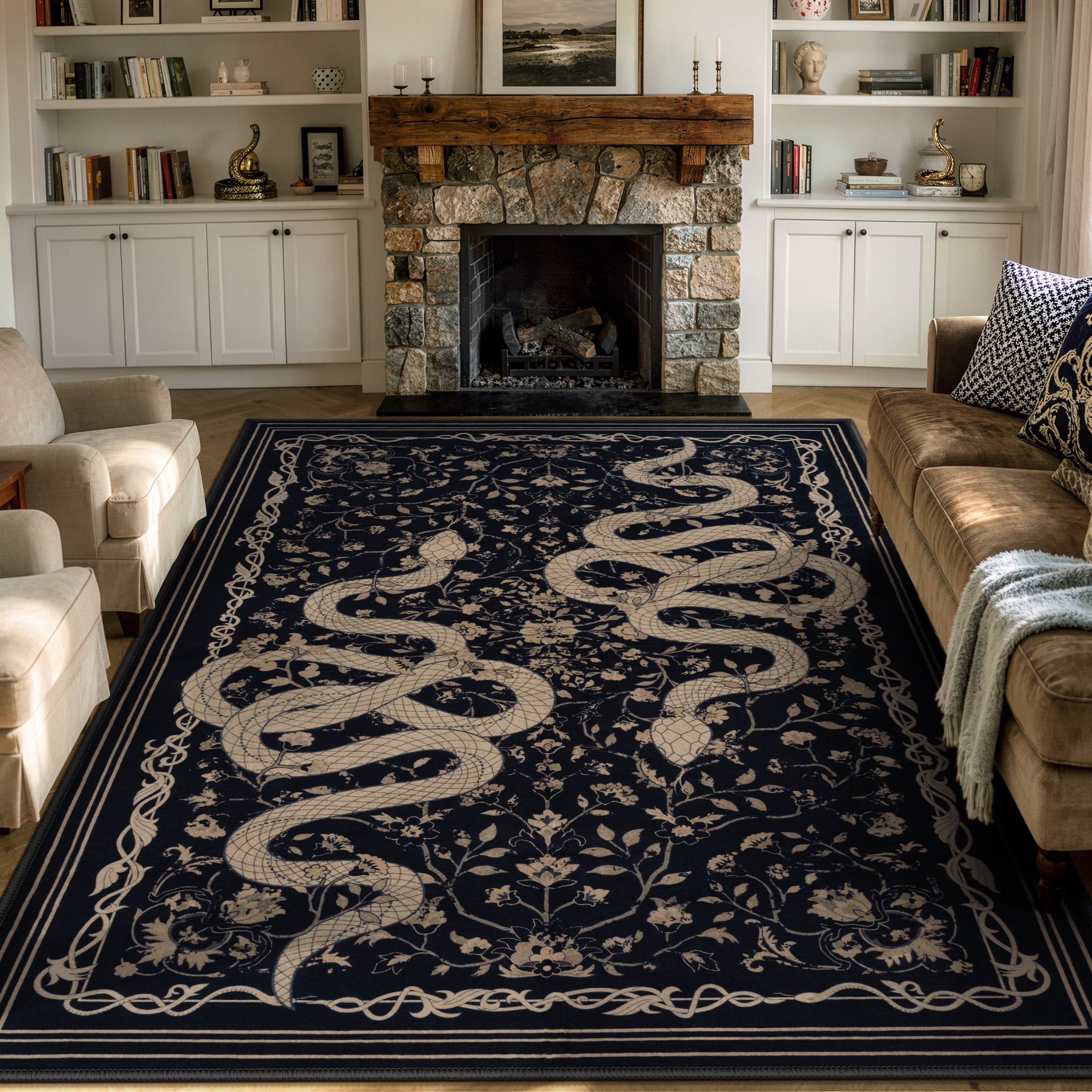 Moynesa Vintage Snake 8'x10' Large Area Rug for Living Room, Washable Black Floral Rug Botanical Statement Accent Carpet for Bedroom Dining Room Home Office Non Slip Stain Resistant Low Pile