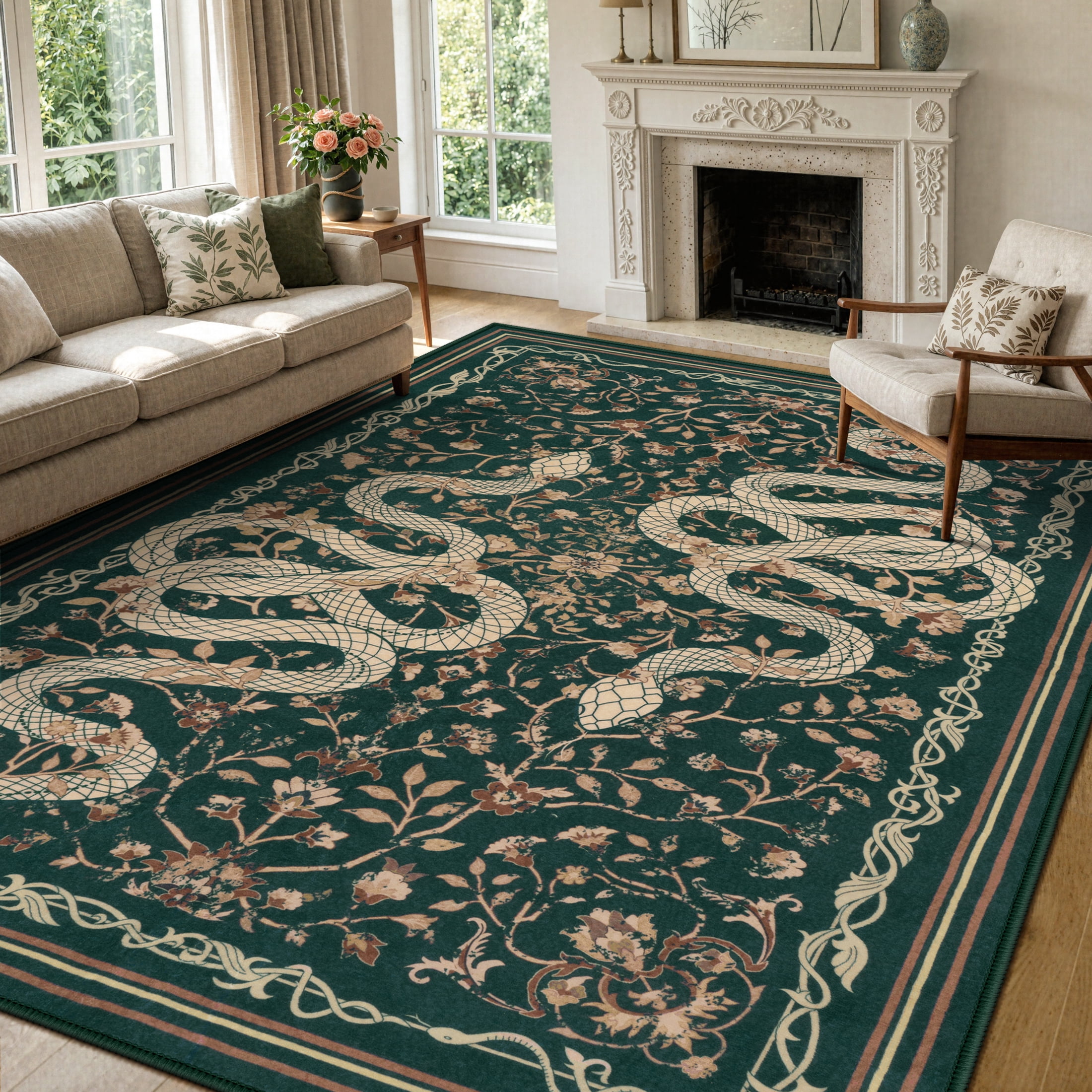 Moynesa Vintage Snake 8'x10' Large Area Rug for Living Room, Washable Green Floral Rug Cottage Botanical Accent Carpet for Bedroom Dining Room Sunroom Non Slip Stain Resistant Low Pile