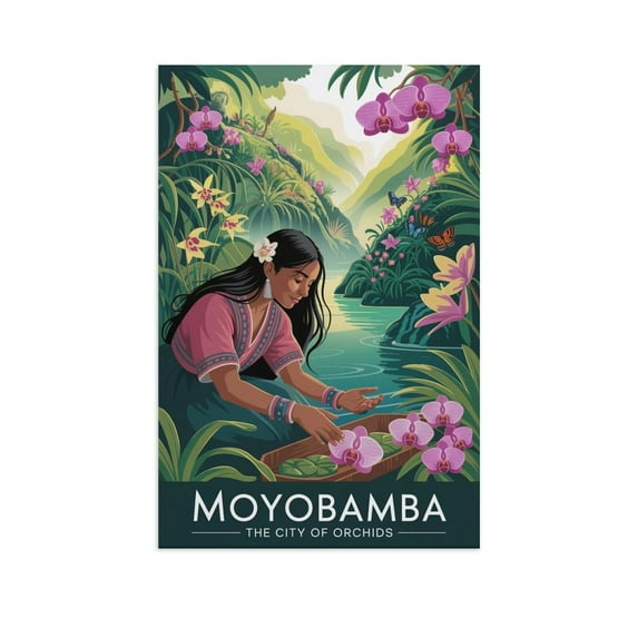 Moyobamba Peru Vintage Travel Poster with Blooming Flowers And Forest Calm Canvas Poster