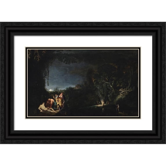Moyses van Uyttenbroek 18x12 Black Ornate Wood Framed Double Matted Museum Art Print Titled - Moonland Landscape with Mythological Motive (1622 - 1626)