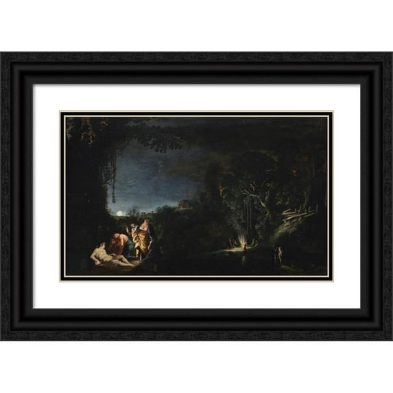 Moyses van Uyttenbroek 24x16 Black Ornate Framed Double Matted Museum Art Print Titled: Moonland Landscape with Mythological Motive (1622 - 1626)