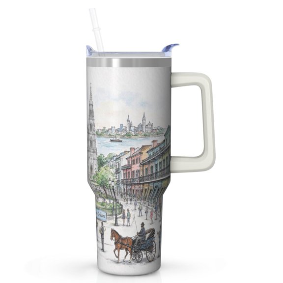 Moyskynn 30 oz Insulated Stainless Steel Tumbler with Handle, New Orleans Cathedral Streetcar Jazz Band Pattern