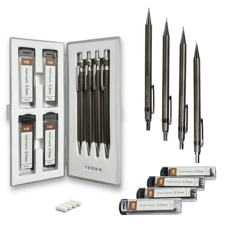 Mozart Mechanical Pencil Set with Case - 4 Sizes: 0.3 0.5 0.7 & 0.9mm with 30 HB Lead Refills Each & 4 Eraser Refills - Sketching Architecture