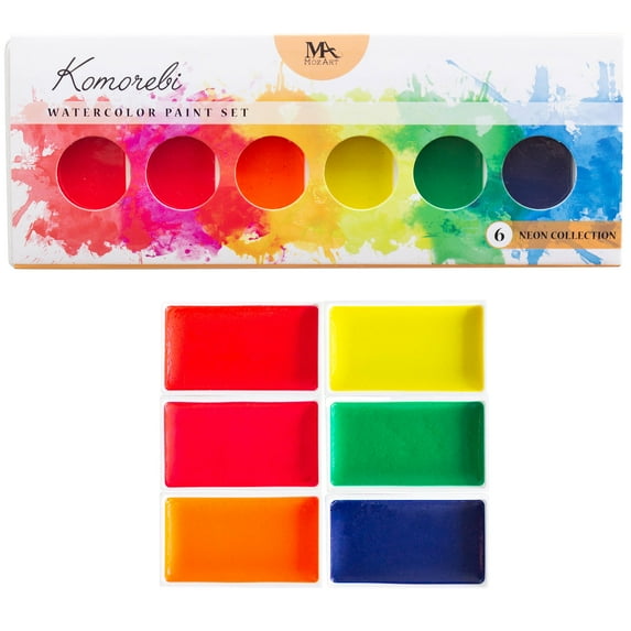 MozArt Supplies Neon Komorebi Watercolor Paint Set, 6 Premium Glow Colors for Artists, Kids, Students & Hobbyists