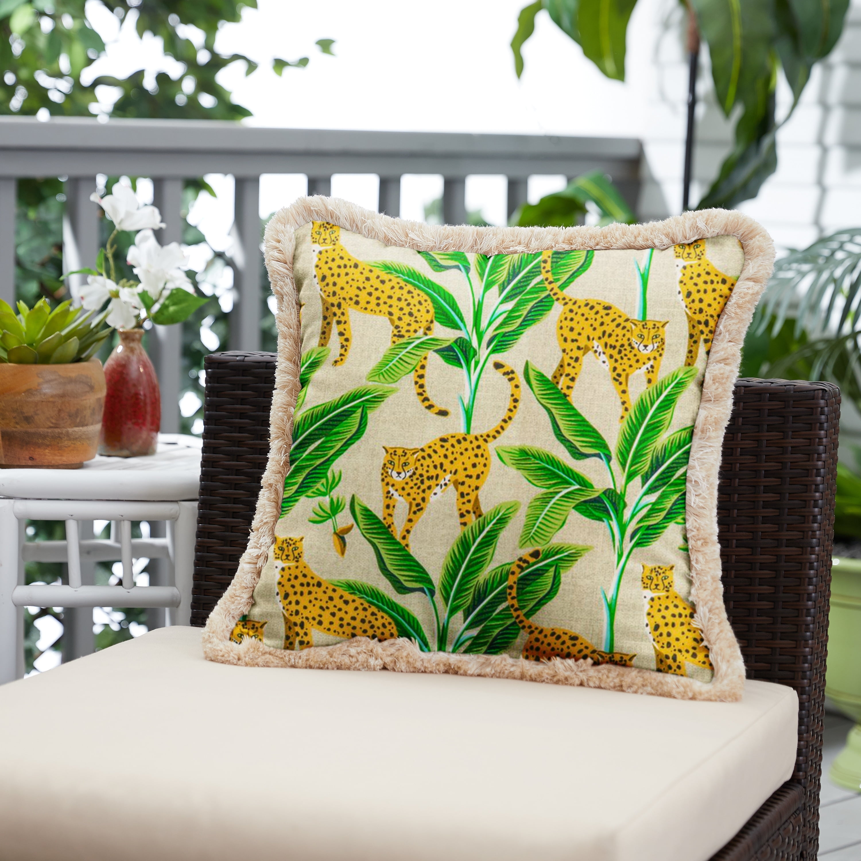 Yellow Cheetah Print Indoor/Outdoor Square Pillow with Fringe