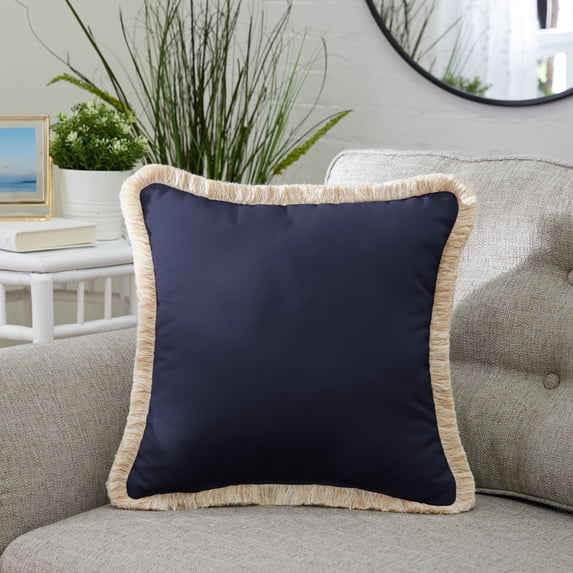 Sunbrella Canvas Navy Indoor/ Outdoor Square Pillow with Fringe - 18 in L x 18 in W Canvas Navy / Tan and White