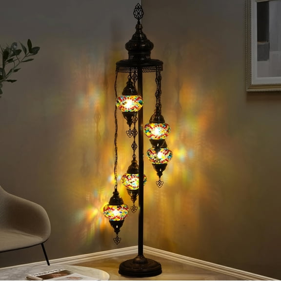 Mozaist Turkish Mosaic Floor Lamp with Bulbs – Handmade Multi Globe Moroccan Standing Lamp, Authentic Stained Glass Light, Bohemian Home Decor (Multicolor, 5 Globe Floor Lamp)