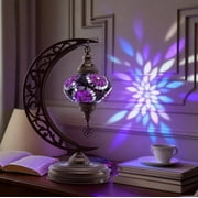 Mozaist Turkish Mosaic Moon Shape Table Lamp, Moroccan Vintage Crescent Bohemian Handmade Bedside Light, Rustic Dining Room, Study Room, Office Decorative Lighting, Unique Turkish Gift Lavender