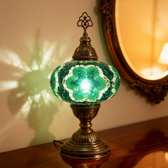 Mozaist Turkish Mosaic Table Lamp, Green Hand Made Table Lamp with Led Light Bulb