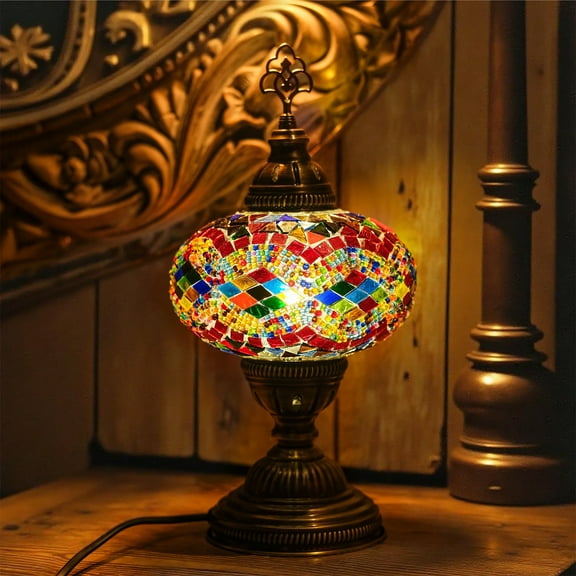 Mozaist Turkish Mosaic Table Lamp, Multi Color Hand Made Table Lamp with Led Light Bulb