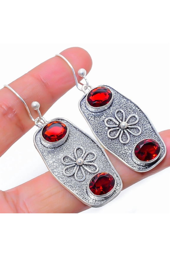 Mozambique Garnet Gemstone 925 Sterling Silver Earring 2.4" S2610, Handmade Jewelry, Dangle Earring
