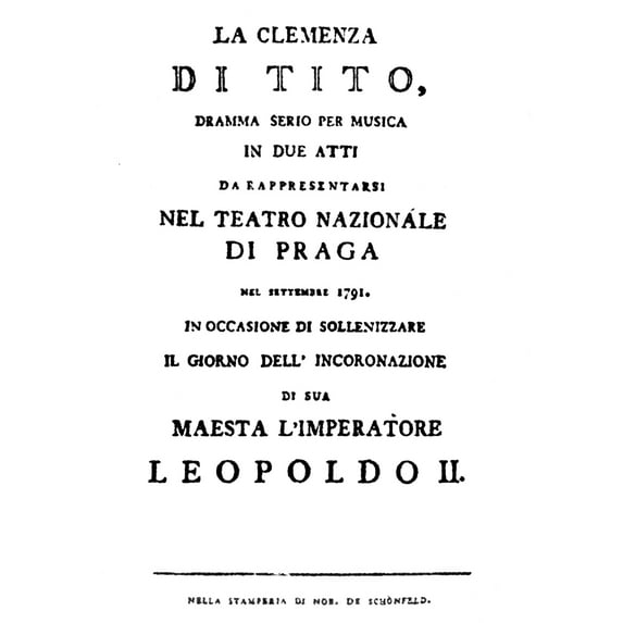 Mozart Clemenza Di Tito. Ntitle-Page Of The First Edition Of The Libretto Of Wolfgang Amadeus Mozart'S 'La Clemenza Di
