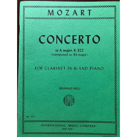 Mozart Concerto in A major, K.622 (transposed to Bb major) for Clarinet in Bb and Piano (IMC # 1878)