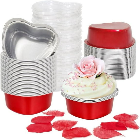 Mozhitti 20 Pcs Valentine's Day Heart Shaped Cake Pans With Lids Aluminum Mini Cake Pans 3.4 Oz/ 100ml Foil Disposable Pan Cupcake Tins Baking Pan For Valentine's Day Party
