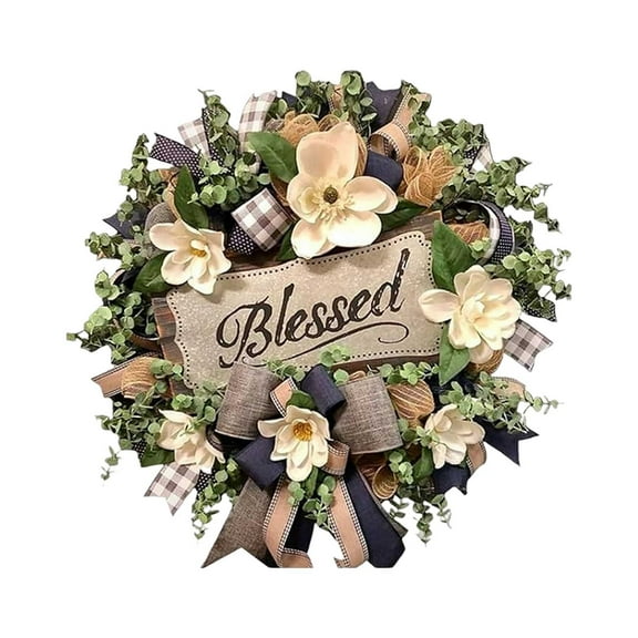 Mozhitti 20in Spring Summer Wreath Buffalo Plaid Year Round Wreath For Front Door Farmhouse Magnolia Porch Decoration Indoor And Outdoor All Season