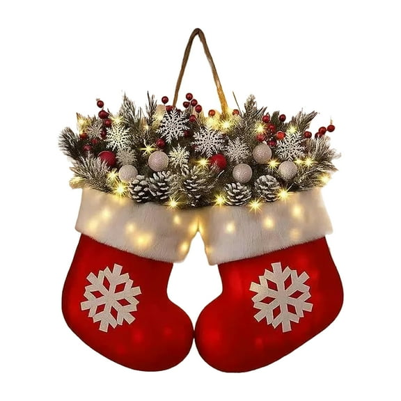 Mozhitti Christmas Glowing Mitten Wreath With Faux Branches Velvet 30cm Twinkling Christmas Mitten Wreath Glittering Christma Glove Wreaths For For Front Door Wedding Party Mantel Farm