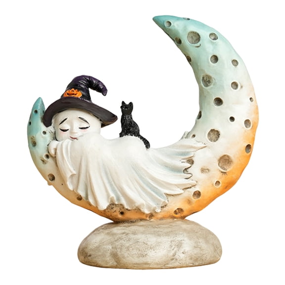 Mozhitti Halloween Resin Figurine Decorative Sculpture With Witch Hat And Cat For Tabletop Home And Holiday Decor