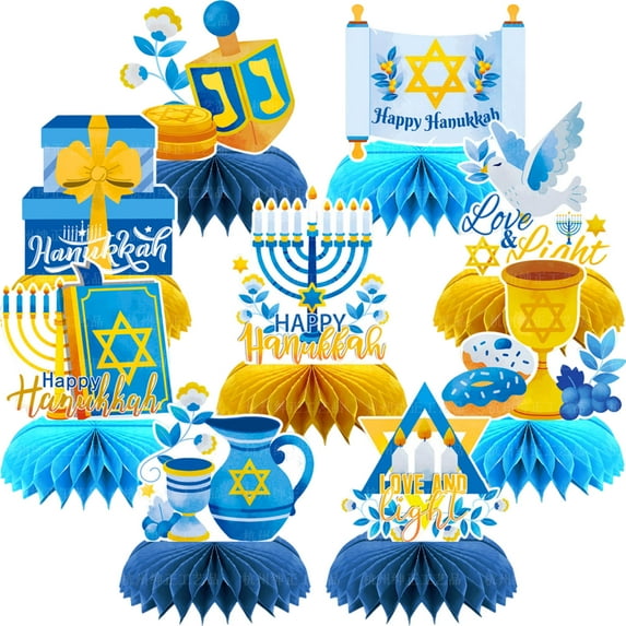 Mozhitti Happy Hanukkah Honeycomb Centerpieces Decors Supplies Chanukkah Table Party Decoration Holiday Festival Of Light Table Desk Toppers Party 9 Counts
