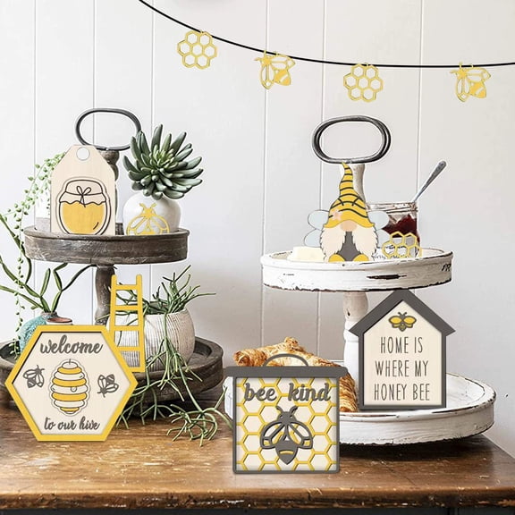 Mozhitti Spring Bee Tiered Tray Decor, 12 Pcs Wooden Farmhouse Tiered Tray Mini Signs, Rustic Bumble Honeybee Beehive Home Decor Items for Spring Summer Holiday Kitchen Table Decor