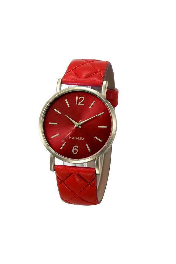 Women Men Unisex Platinum Watches Roman Leather Band Analog Quartz Wrist Watch - Red