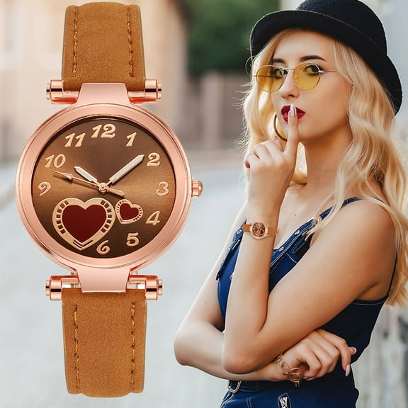 Mozhitti Women's Watches, Classic Quartz Watch with Love Heart Easy Read Dial, Leather Watch Band, Vintage Small Face Round Watches for Women, Birthday Gift for Ladies - Brown