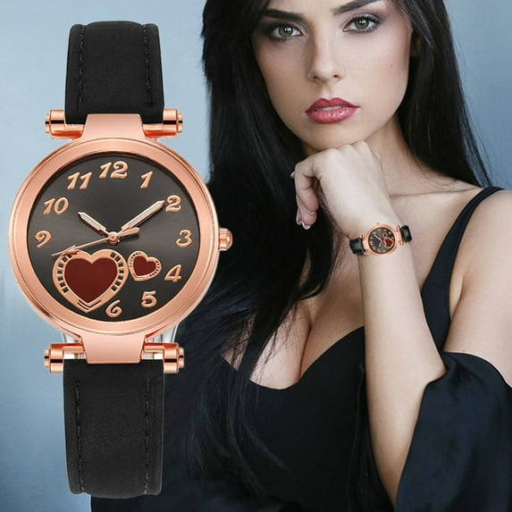 Mozhitti Women's Watches, Classic Quartz Watch with Love Heart Easy Read Dial, Leather Watch Band, Vintage Small Face Round Watches for Women, Birthday Gift for Ladies - Black